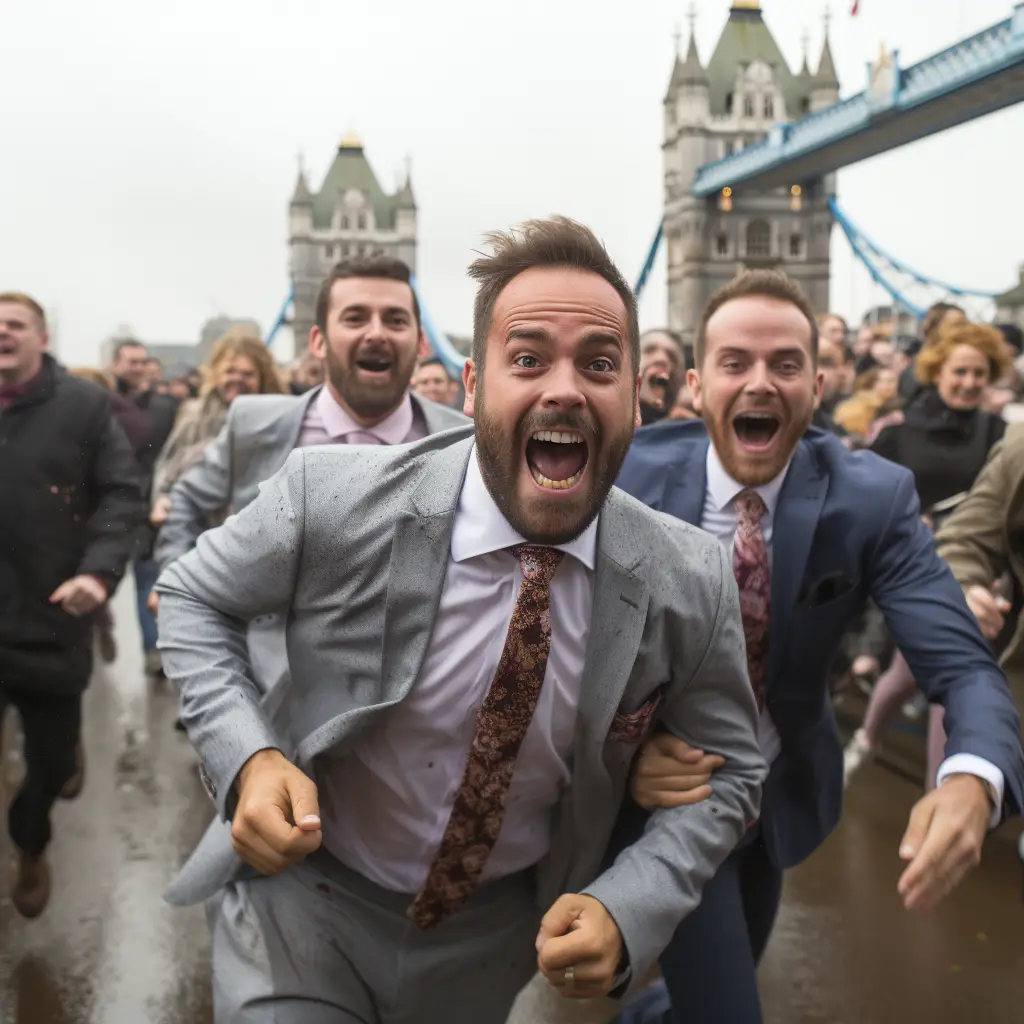 Highly stressed men running across a UK bridge in the rain
