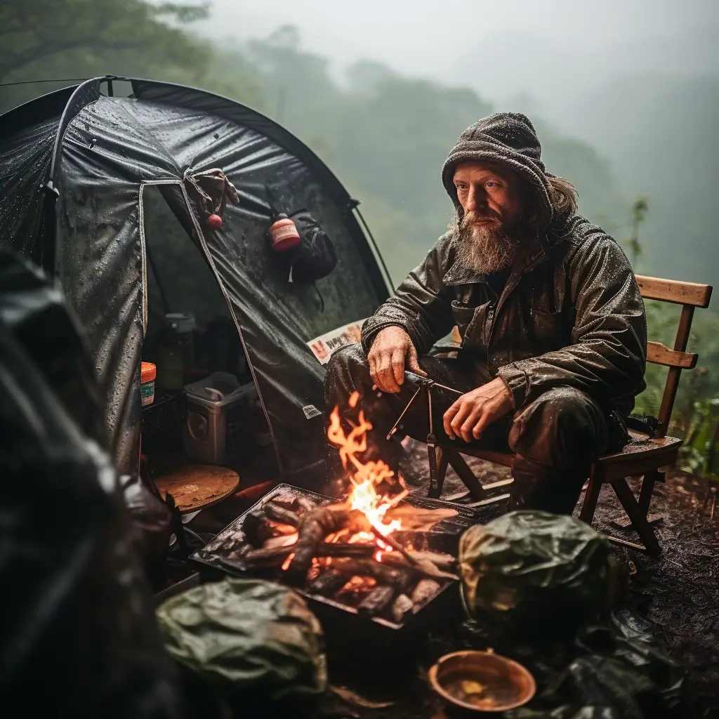 Man in a tent in UK looking utterly miserable in the pouring rain