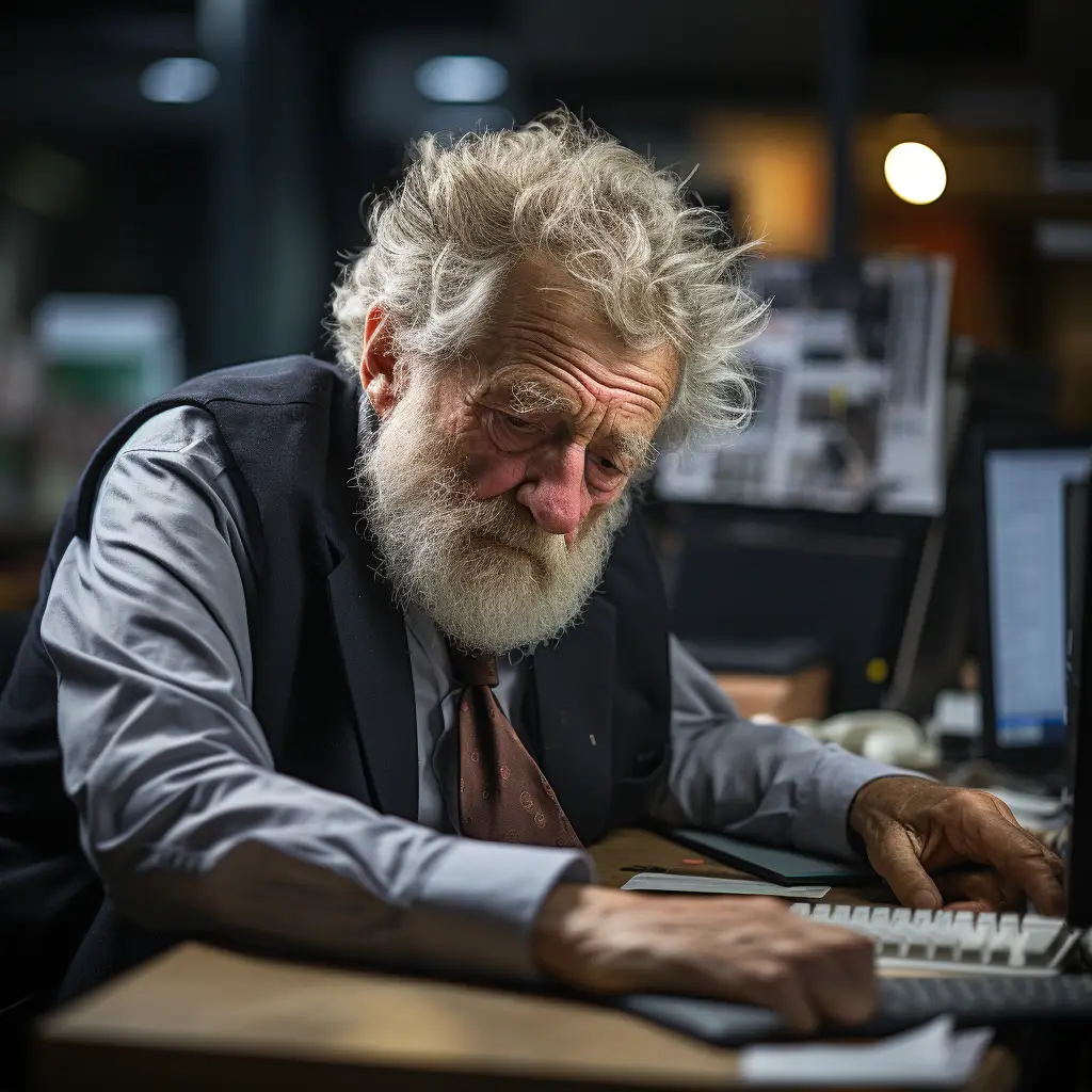 Ancient man sitting at a computer